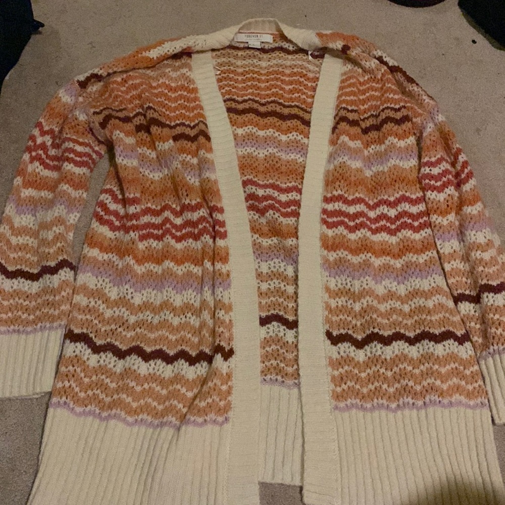 70's style orange and lilac striped sweater cardigan.